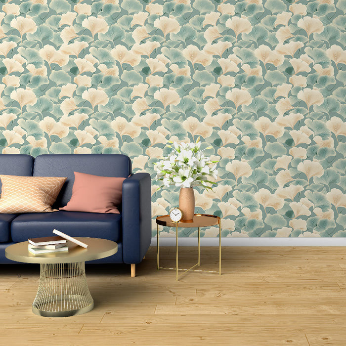 Papel de parede ginkgo | Motivo delicado de folhas de ginkgo em tons suaves