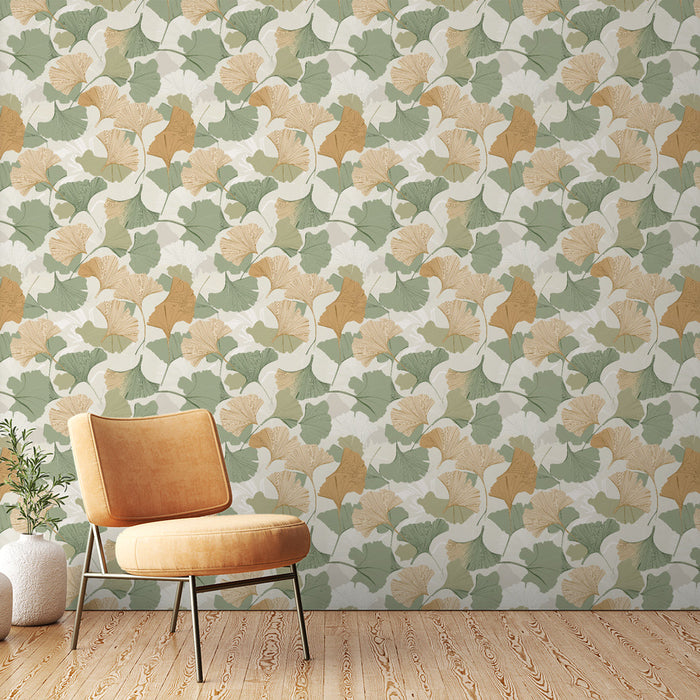Papel pintado ginkgo | Motivo delicado de hojas de ginkgo en tonos verdes y dorados