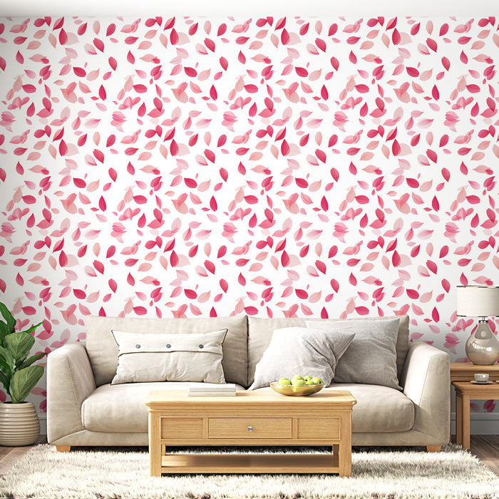 Carta da parati foglie rosa | Motivo delicato di foglie rosa su sfondo bianco