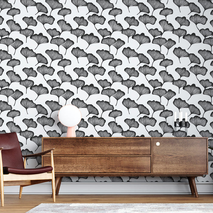 Tapete ginkgo | Elegantes Motiv von Ginkgoblättern in Schwarz und Weiß