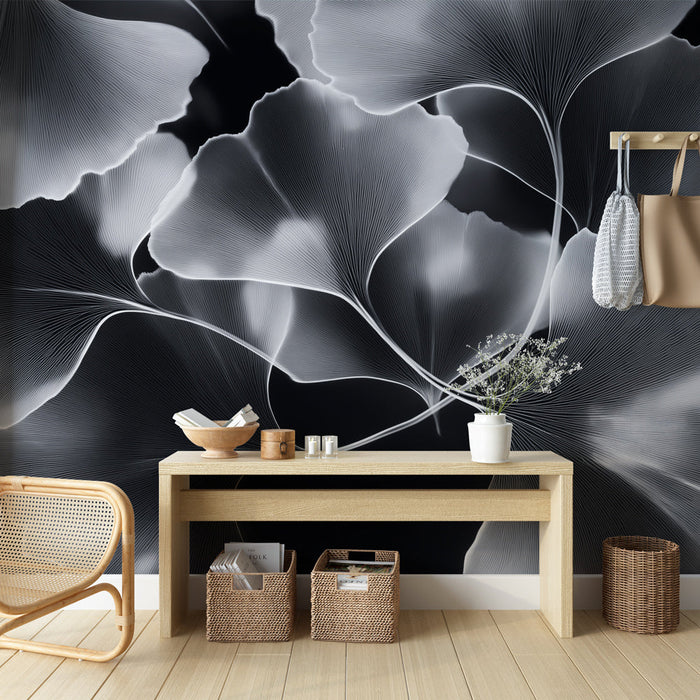 Papel de parede ginkgo | Padrão elegante de folhas de ginkgo em preto e branco