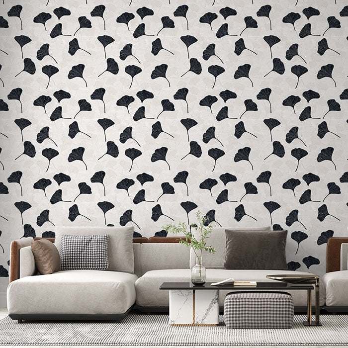 Fototapet ginkgo | Elegant motiv af ginkgo blade i sort på en cremefarvet baggrund
