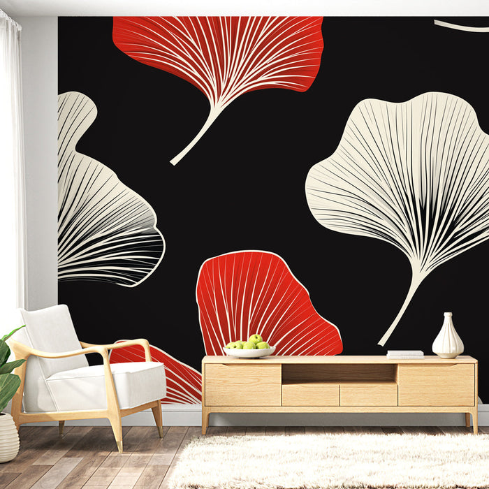 Mural Wallpaper ginkgo | Grafisk mønster av røde og hvite blader på svart bakgrunn