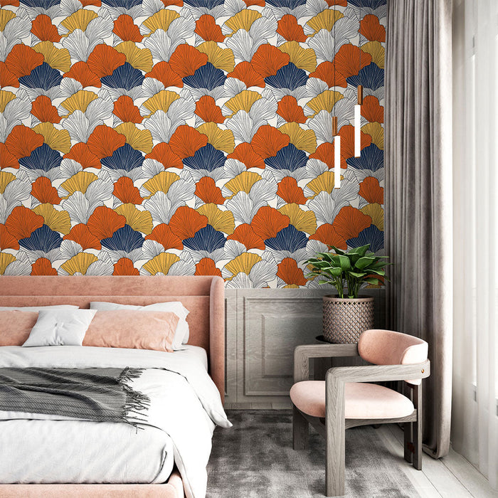 Papel de parede ginkgo | Motivo estilizado de folhas de ginkgo em cores vibrantes