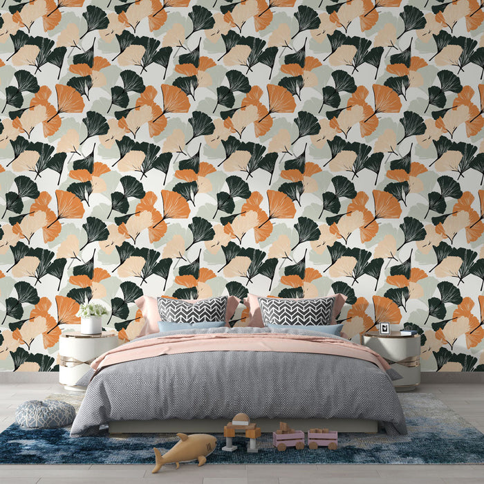 Tapet mural ginkgo | Modele de frunze de ginkgo in nuante calde si linistitoare