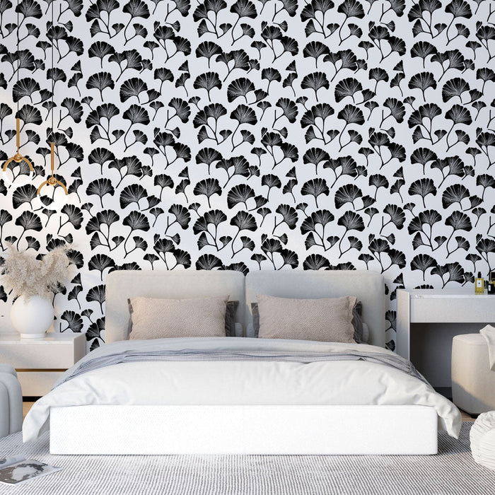 Tapete ginkgo schwarz und weiß | Elegantes Ginkgo-Blattmuster auf hellem Hintergrund