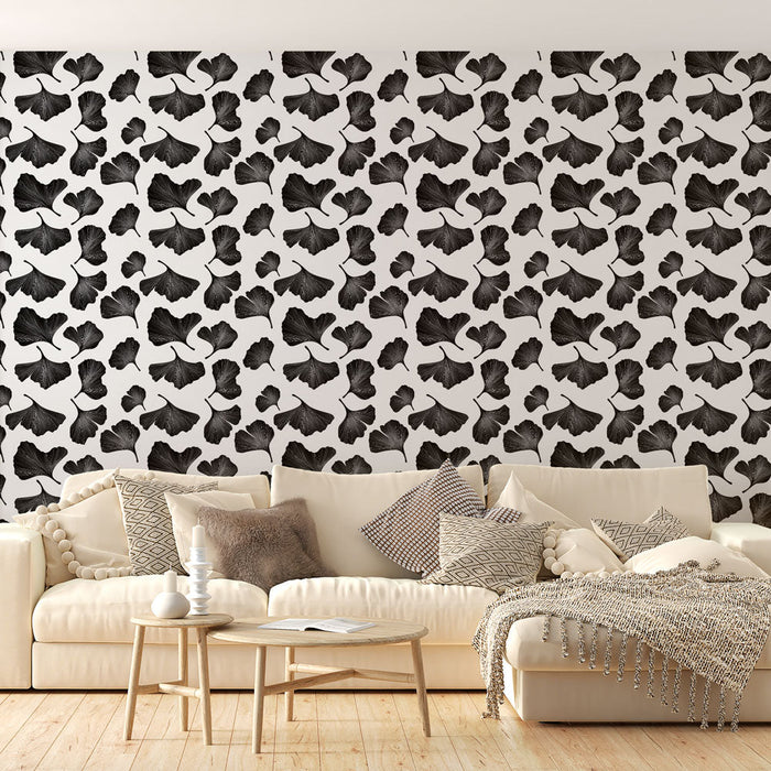 Tapete ginkgo schwarz und weiß | Ginkgo-Blätter zart auf weißem Hintergrund gezeichnet