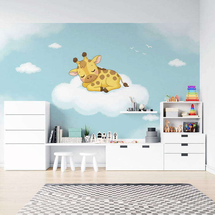 Mural Wallpaper sleeping giraffe | An adorable giraffe on a cloud in a peaceful blue sky