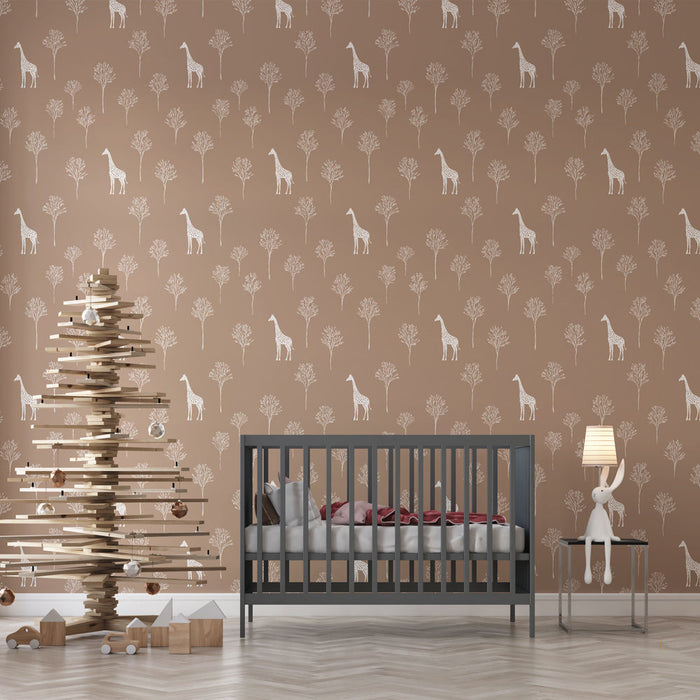 Carta da parati giraffa e alberi | Un motivo delicato di giraffe su sfondo beige