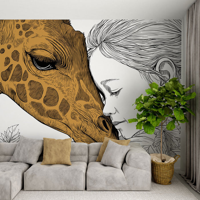 Foto Behang giraffe en kind | Een liefdevol moment van verbinding met de natuur