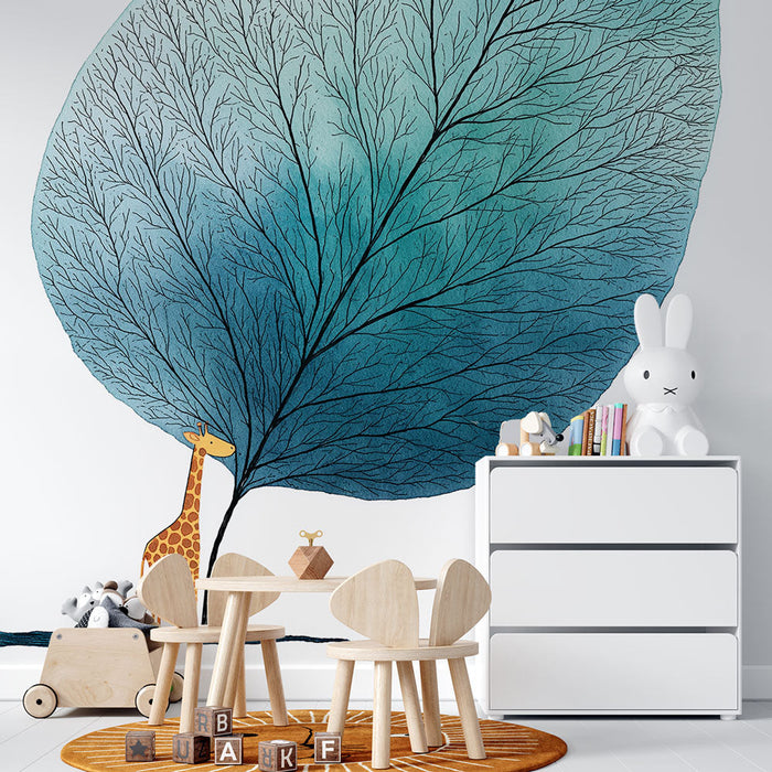 Fototapet zürafa ve yapraklar | Bir zürafayı su boya yapraklar altında gösteren eğlenceli bir tasarım