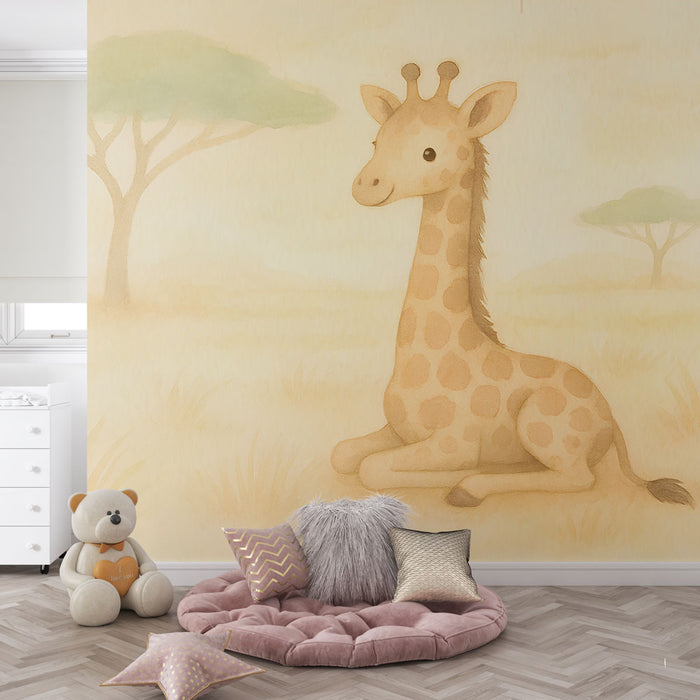 Papel de parede mural girafa | Girafa fofa em uma paisagem de savana em tons pastel