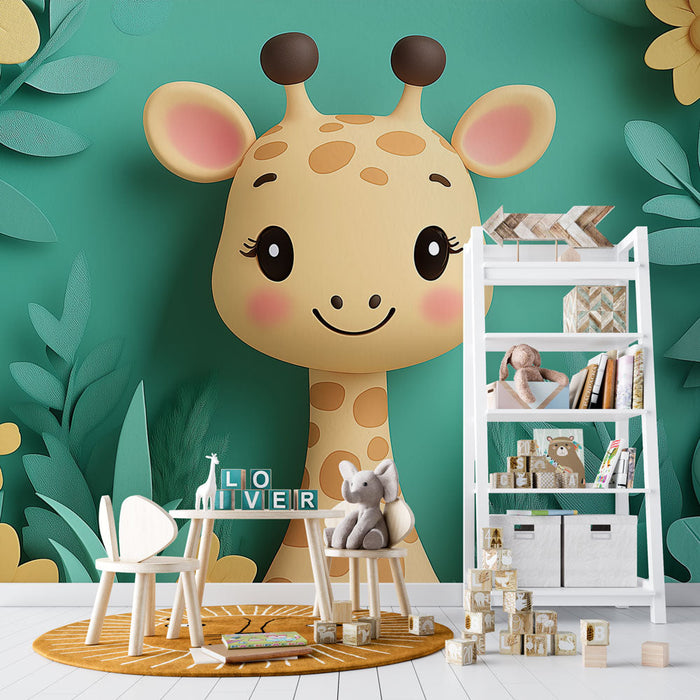 Fototapet giraf | Sød giraf omgivet af blomster og løvwerk