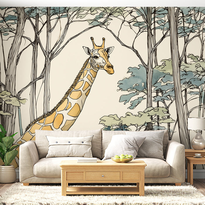 Mural Wallpaper giraffe | Stylized giraffe surrounded by trees in pastel shades