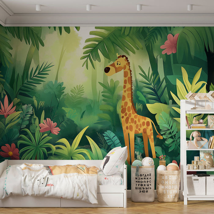 Foto Behang giraffe | Kleurrijke illustratie van een giraffe in een tropische jungle