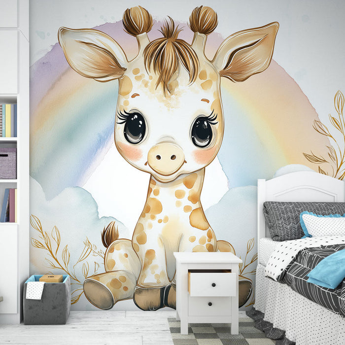 Tapete για τοίχο χαριτωμένη καμηλοπάρδαλη | Μια αξιαγάπητη καμηλοπάρδαλη κάτω από ένα παστέλ ουράνιο τόξο