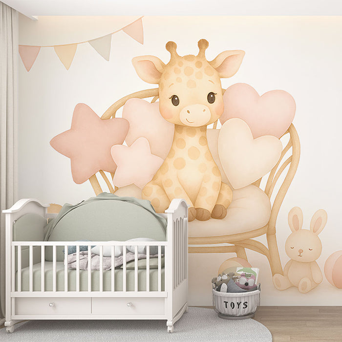 Papel pintado lindo jirafa | Una jirafa suave rodeada de peluches y cojines coloridos