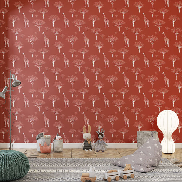 Ταπετσαρία με θέμα της καμήλας | Θέμα με καμήλα και δέντρο σε κόκκινο φόντο