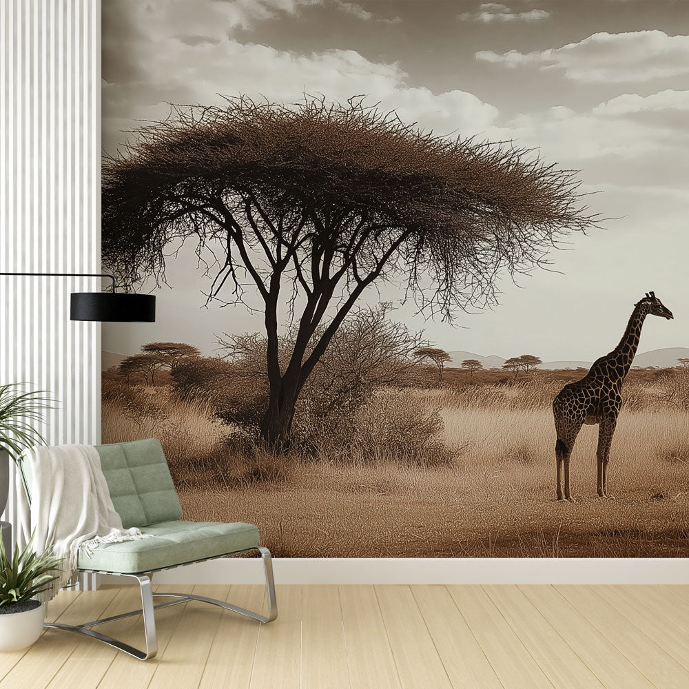 Papel pintado jirafa | Paisaje africano en sepia — WonderMural, image size:1000x1000