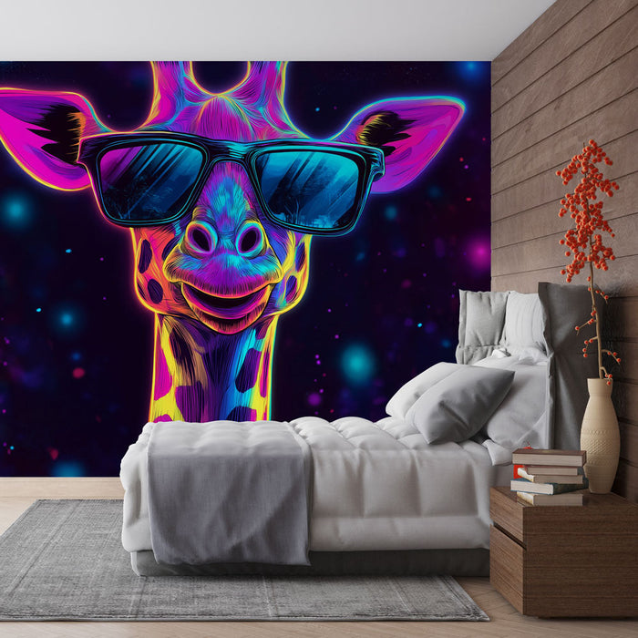 Tapet giraf pop art | Farverig giraf med briller i en kosmisk baggrund
