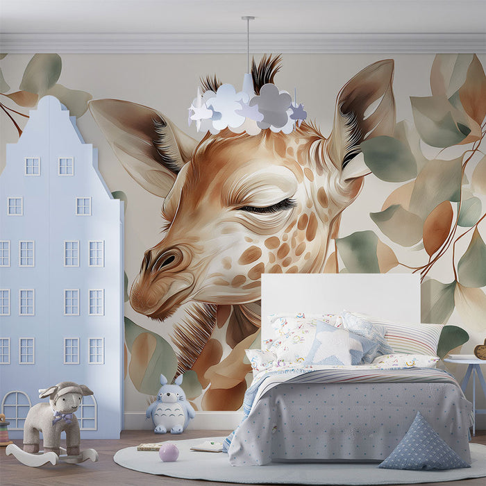 Tapete žirafa | Umjetnički portret žirafe nježno okružen lišćem