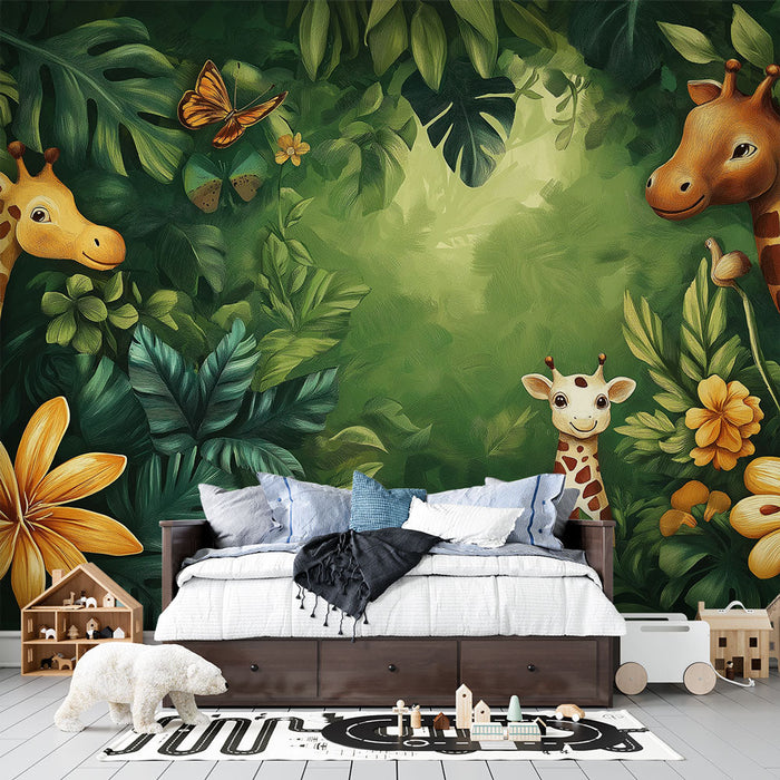 Tapeta s žirafou | Tropická scéna s žirafami a zlatými květy