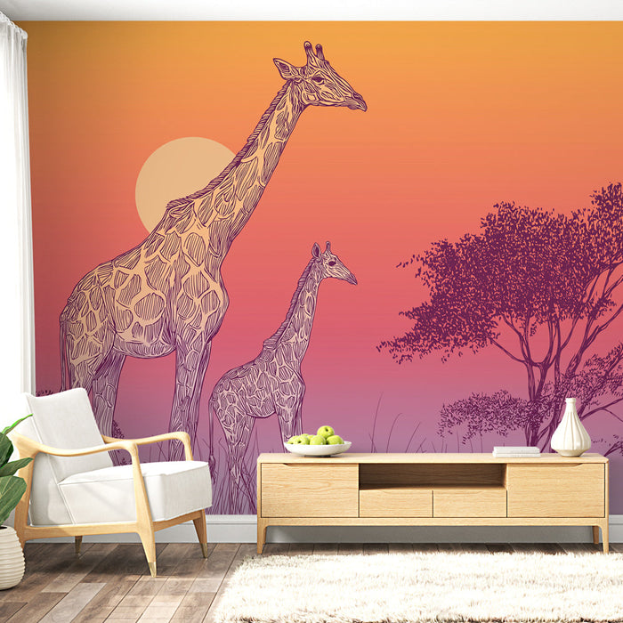 Tapete giraffe | Σιλουέτες της τζιράφας κάτω από ένα ηλιοβασίλεμα
