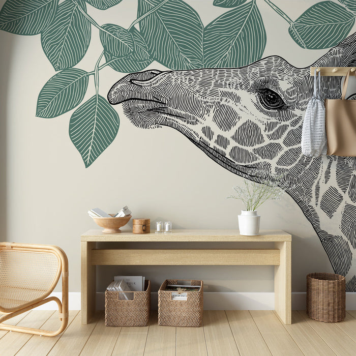 Mural Wallpaper giraffe | Elegant giraffe head adorned with delicate leaves