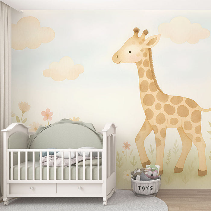 Mural Wallpaper giraffe | A cute giraffe in a flowery field