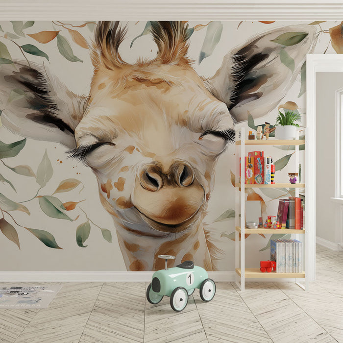 Foto Behang giraffe | Een lachende giraffe omringd door delicate bladeren