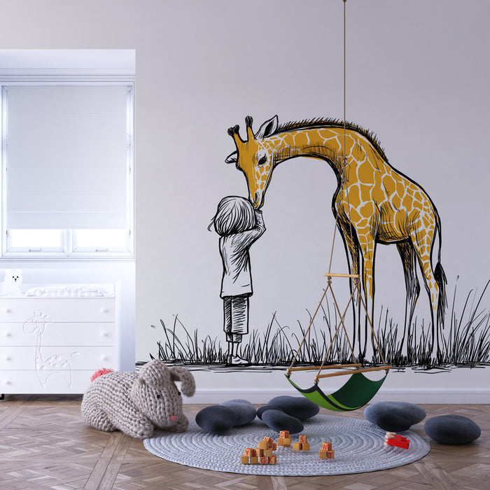 Carta da parati giraffa | Un incontro toccante tra un bambino e una giraffa in stile illustrativo