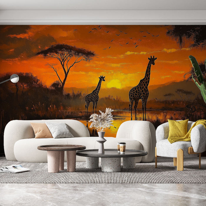 Mural Wallpaper giraffes | African sunset in silhouette