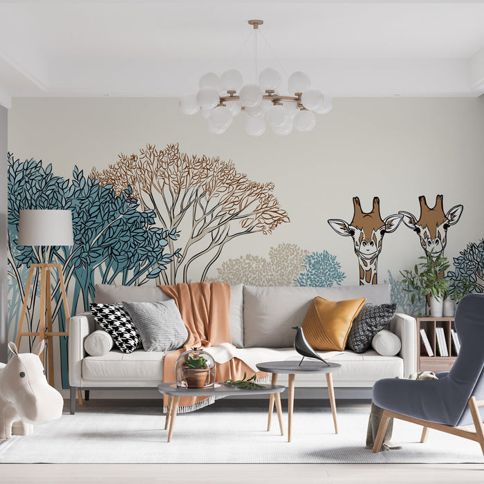 Ταπετσαρία με τοιχογραφία καμηλοπαρδάλεις | Δύο χαρούμενοι καμηλοπαρδάλεις ανάμεσα σε στιλιζαρισμένα δέντρα σε καταπραϋντικές αποχρώσεις