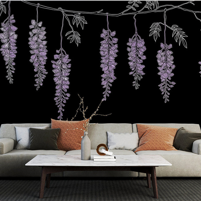 Fototapet glycine | Blomster i forskellige nuancer af lilla på en sort baggrund