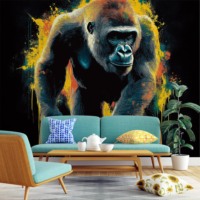 Mural Wallpaper artistic gorilla | Vibrant illustration of a gorilla with colorful splashes