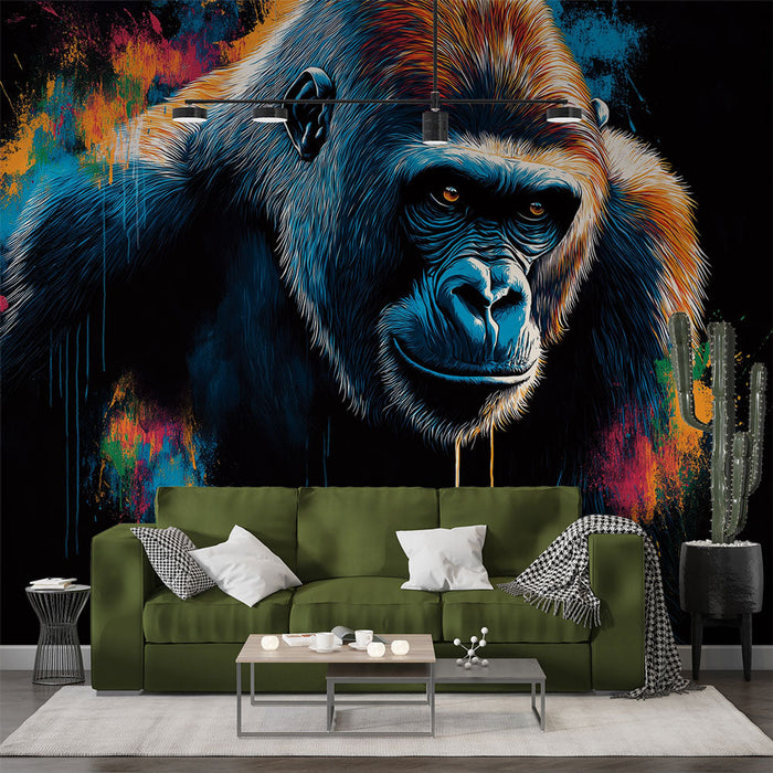 Mural Wallpaper artistic gorilla | Vibrant illustration of a gorilla on a black background