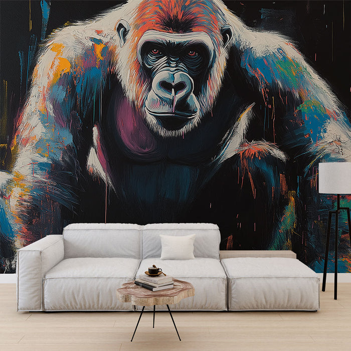 Mural Wallpaper artistic gorilla | A vibrant gorilla with bright colors on a black background