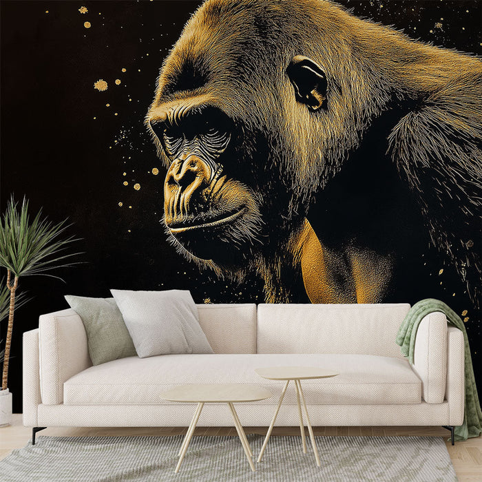 Muraaltapeet gorilla | Gorilla kujundus mustal taustal kuldsete detailidega