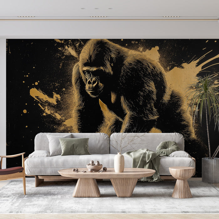 Falfestmény gorilla | Arany illusztráció egy gorilláról fekete háttéren