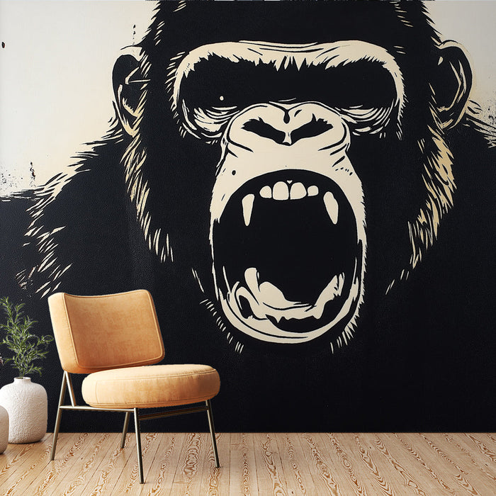 Papel de parede gorila | Ilustração expressiva de um gorila rugindo em preto e bege