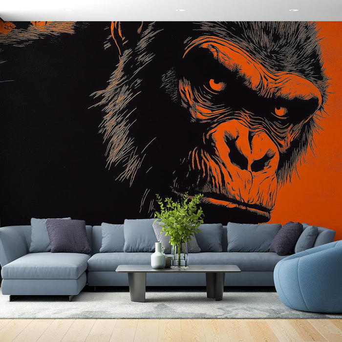 Foto Behang gorilla | Gestileerde illustratie van een gorilla op een oranje achtergrond