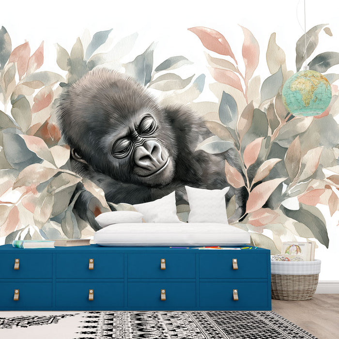 Foto Behang gorilla | Illustraties van een vredige gorilla omringd door delicate bladeren