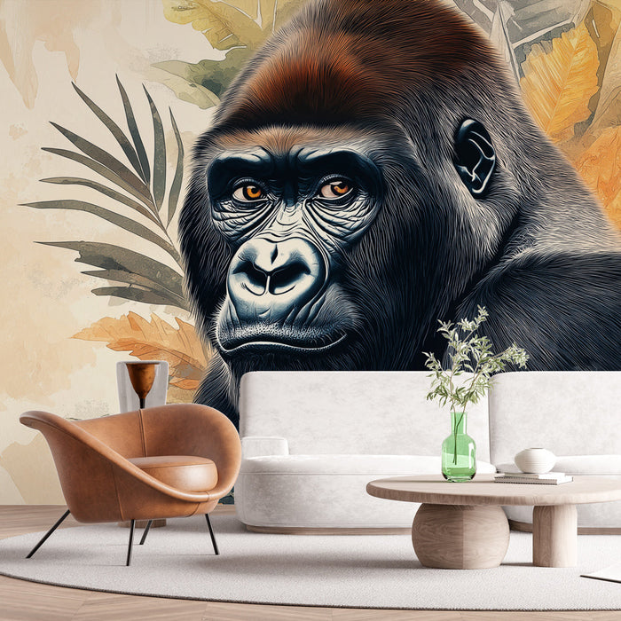 Papel de parede gorila | Retrato artístico de um gorila cercado por folhagem tropical