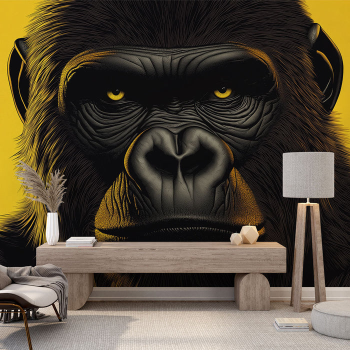 Papel de parede gorila | Retrato poderoso de um gorila em um fundo amarelo brilhante