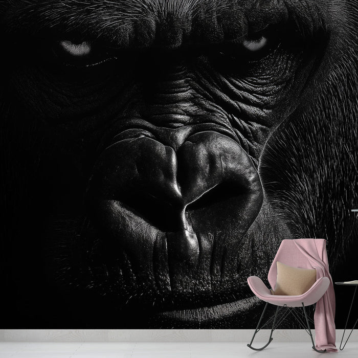 Falfestmény gorilla | Egy gorilla feltűnő arca fekete-fehérben