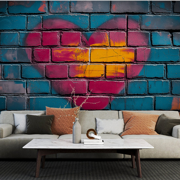 Mural Wallpaper graffiti | Vibrant graphic with a colorful heart on a brick background