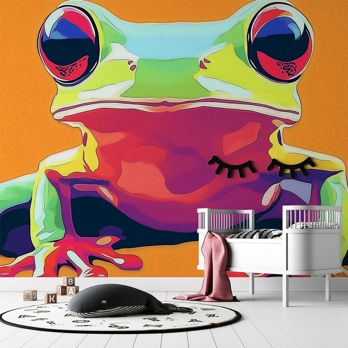 Mural Wallpaper colorful frog | Artistic illustration of a vibrant frog on an orange background