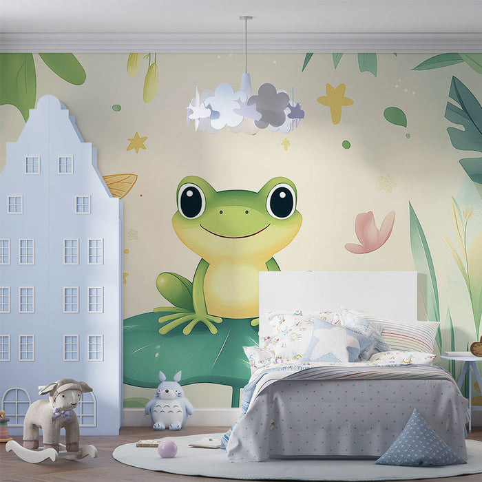 Mural Wallpaper Frog | Happy Frog on a Leaf Among Colorful Flowers