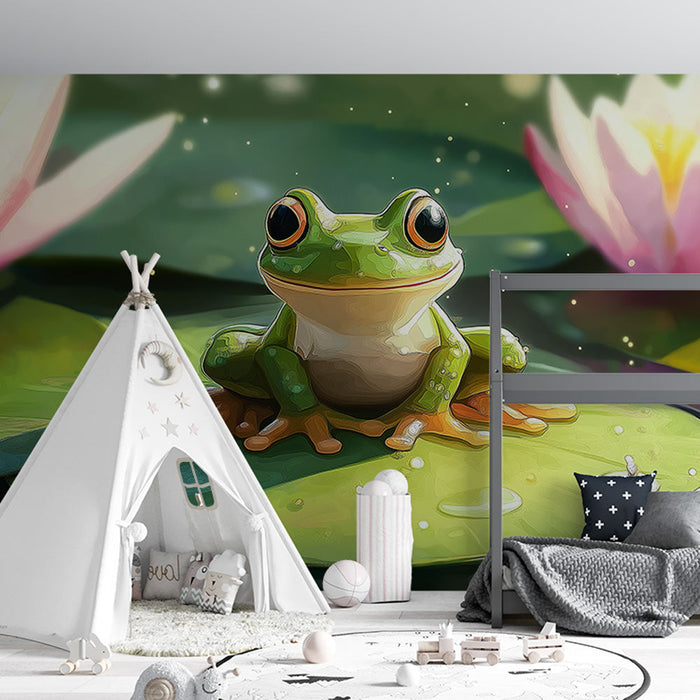 Mural Wallpaper frog | Green frog on a lily pad with flowers in the background