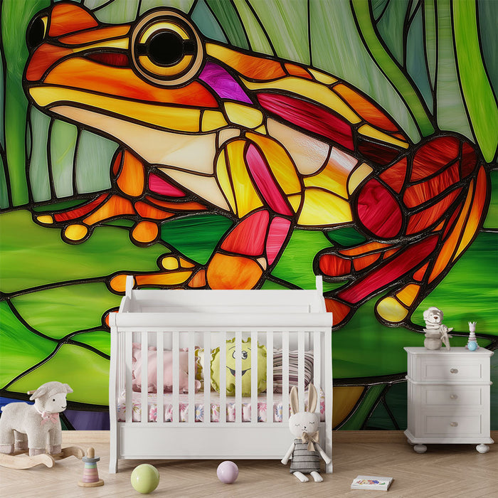 Mural Wallpaper frog | Colorful stained glass frog pattern on lily pad leaves